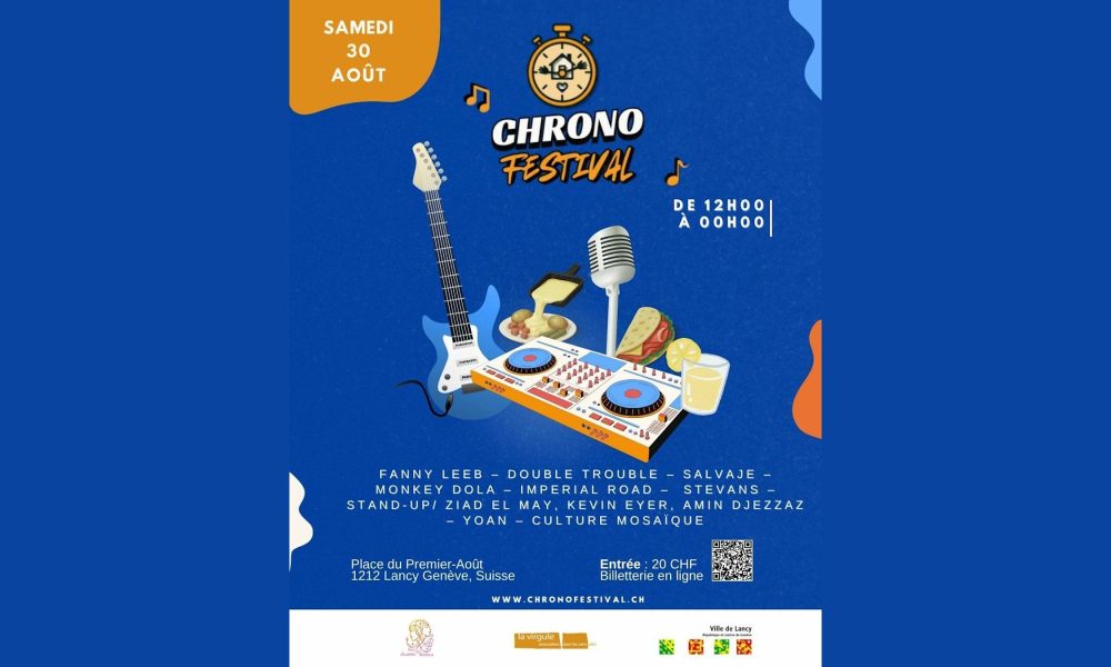 Affiche du Chrono Festival 2025 à Lancy avec programme musical et artistes engagés pour La Virgule, association en faveur des sans-abris à Genève.