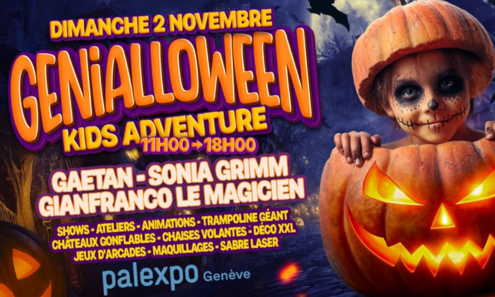 Affiche officielle de Genialloween 2025 à Palexpo Genève, événement familial d’Halloween avec spectacles, ateliers créatifs et animations pour enfants.