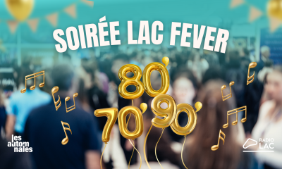 Affiche de la soirée Lac Fever avec les décennies 70, 80 et 90, logos des Automnales et de Radio Lac, sur un fond de public flouté.